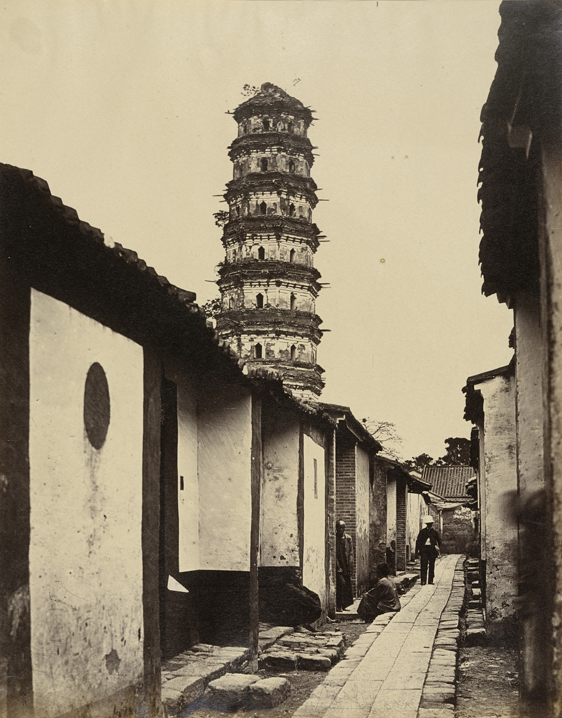 Felice Beato. Nine-Storied Pagoda and Tartar Street, Canton. April 1860