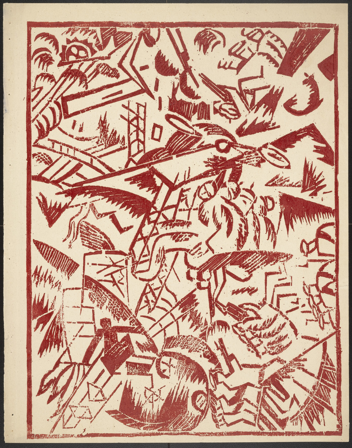 Olga Rozanova. Bitva v trekh sferakh (na sush, na mor i v vozdukh) (Battle in Three Spheres [Land, Sea, and Air]) from Voina (War). 1915, published 1916