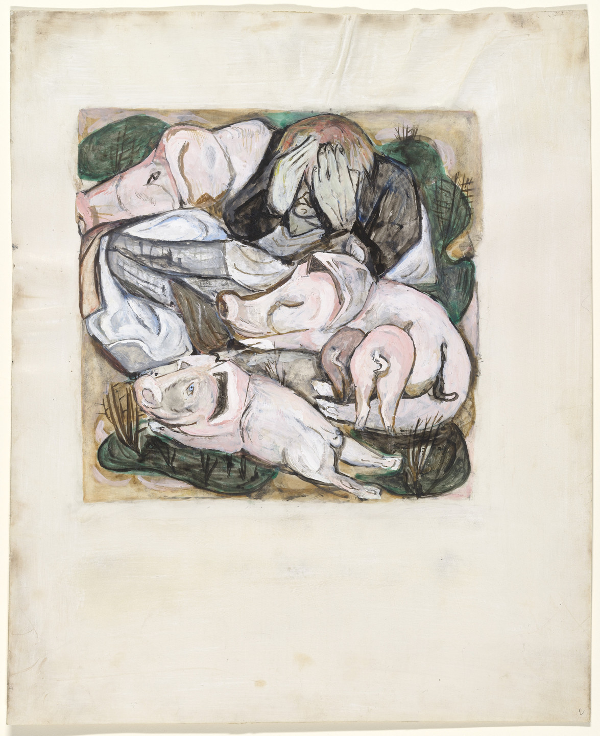 Three pink pigs and one human covering their face with their hands. They appear to be surrounded by green vegetation and water. This is an AI generated description. To give feedback, email ai@moma.org.