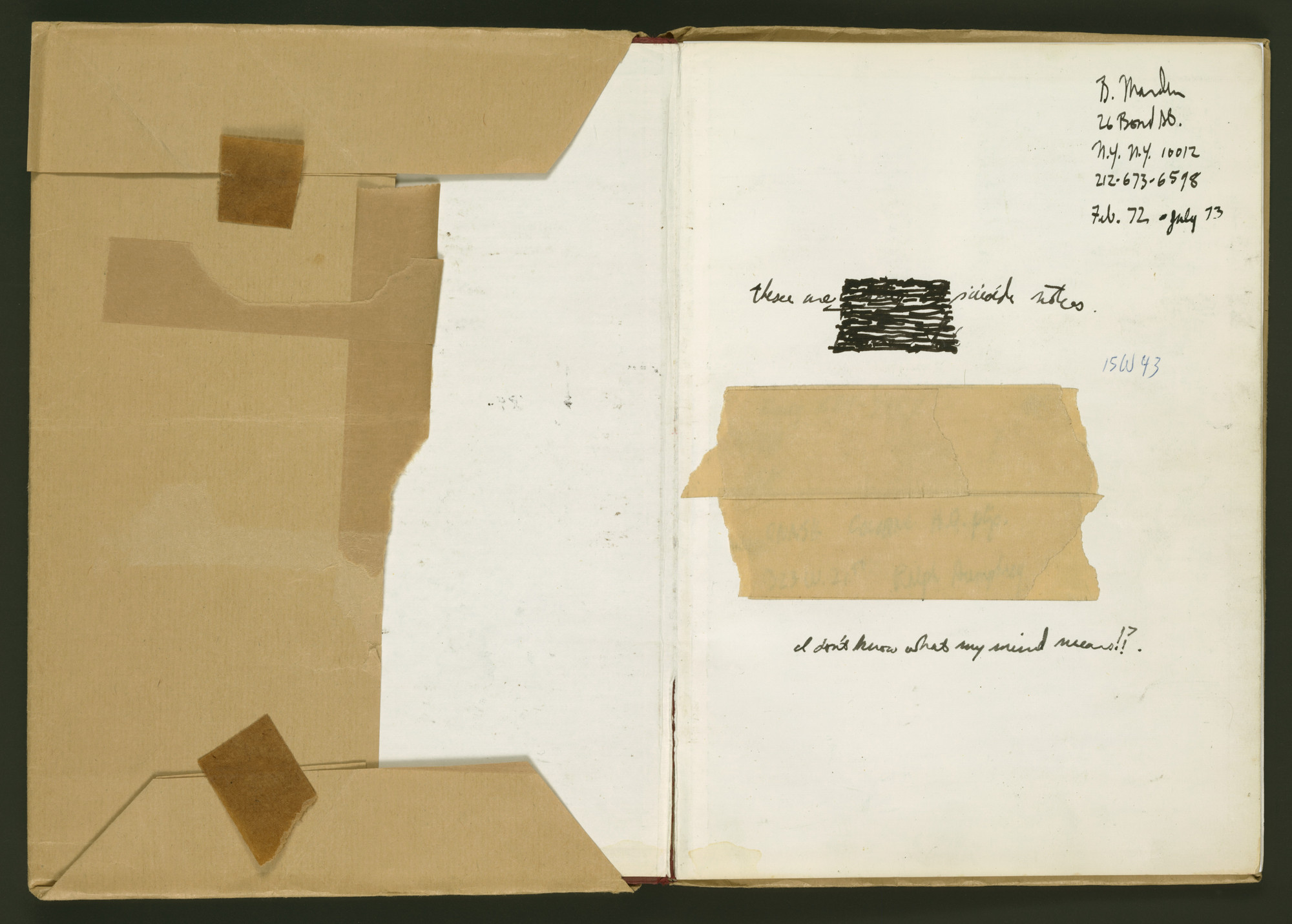 An open book with a beige cardboard cover and multiple pieces of brown tape. Inside, the right page has handwritten notes and a black scribble. This is an AI generated description. To give feedback, email ai@moma.org.