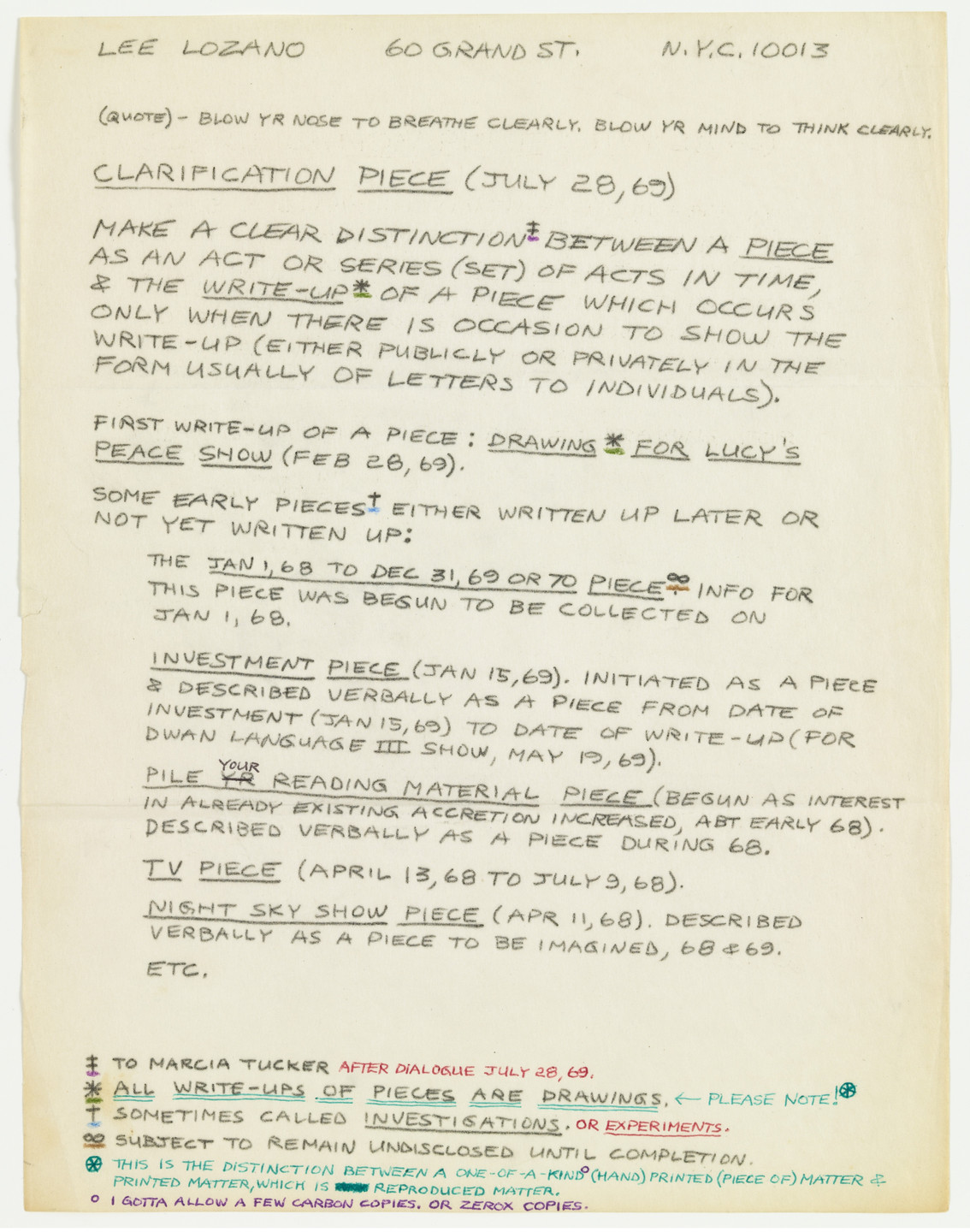 Lee Lozano. Clarification Piece. 1969