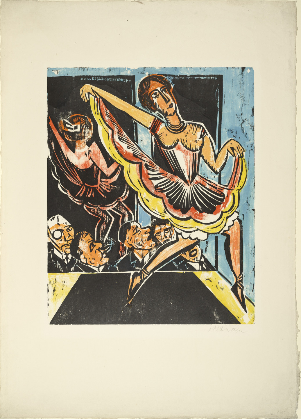 A person is dancing on a stage, with vibrant reds, yellows, and blues filling the scene. Several people are seated in the audience, looking up at the dancer. This is an AI generated description. To give feedback, email ai@moma.org.