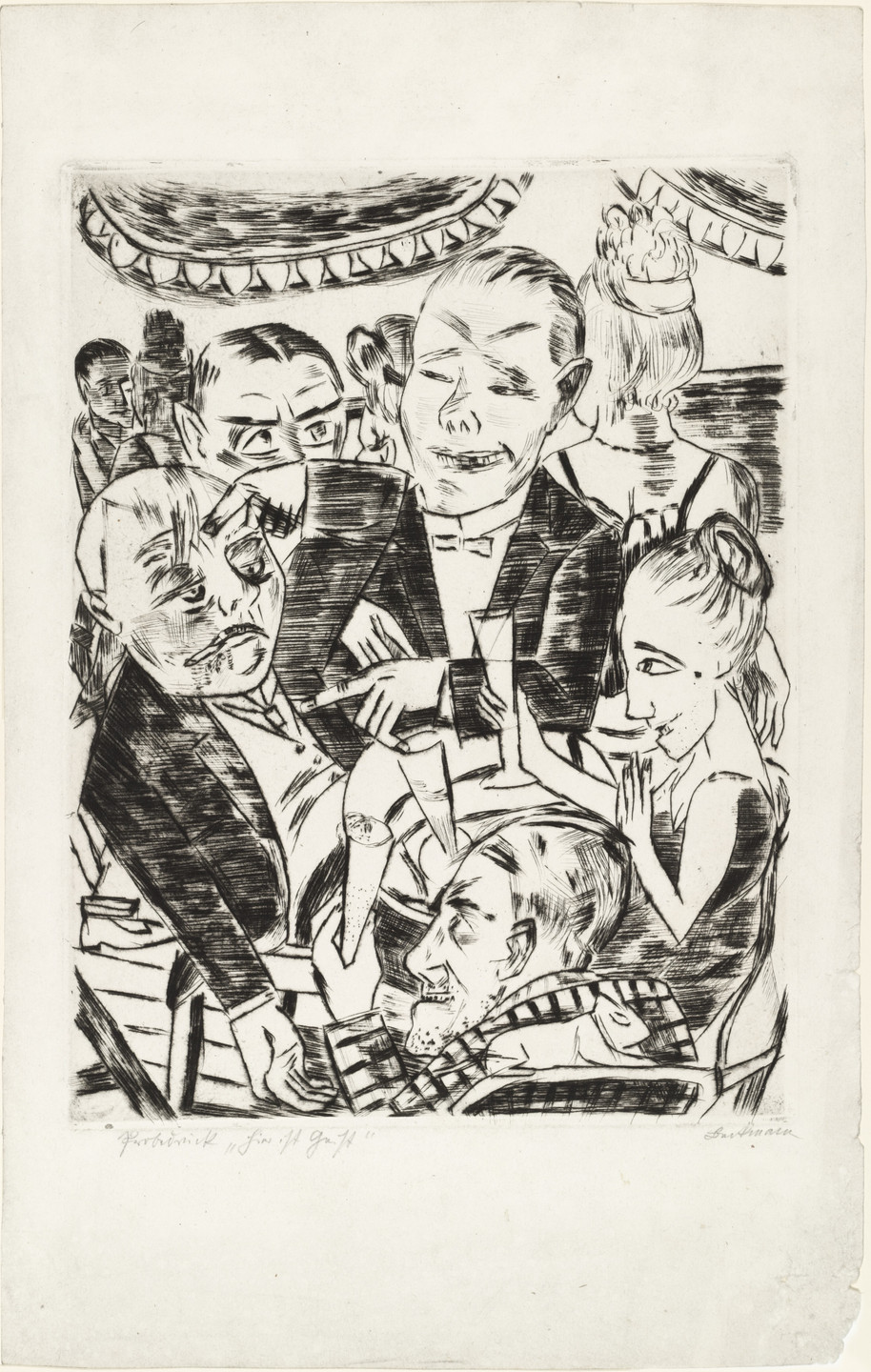 The black-and-white image shows several people in formal clothing, such as tuxedos and dresses, interacting at what appears to be a social gathering. They are gathered around a table, holding drinks and engaging in conversation. This is an AI generated description. To give feedback, email ai@moma.org.
