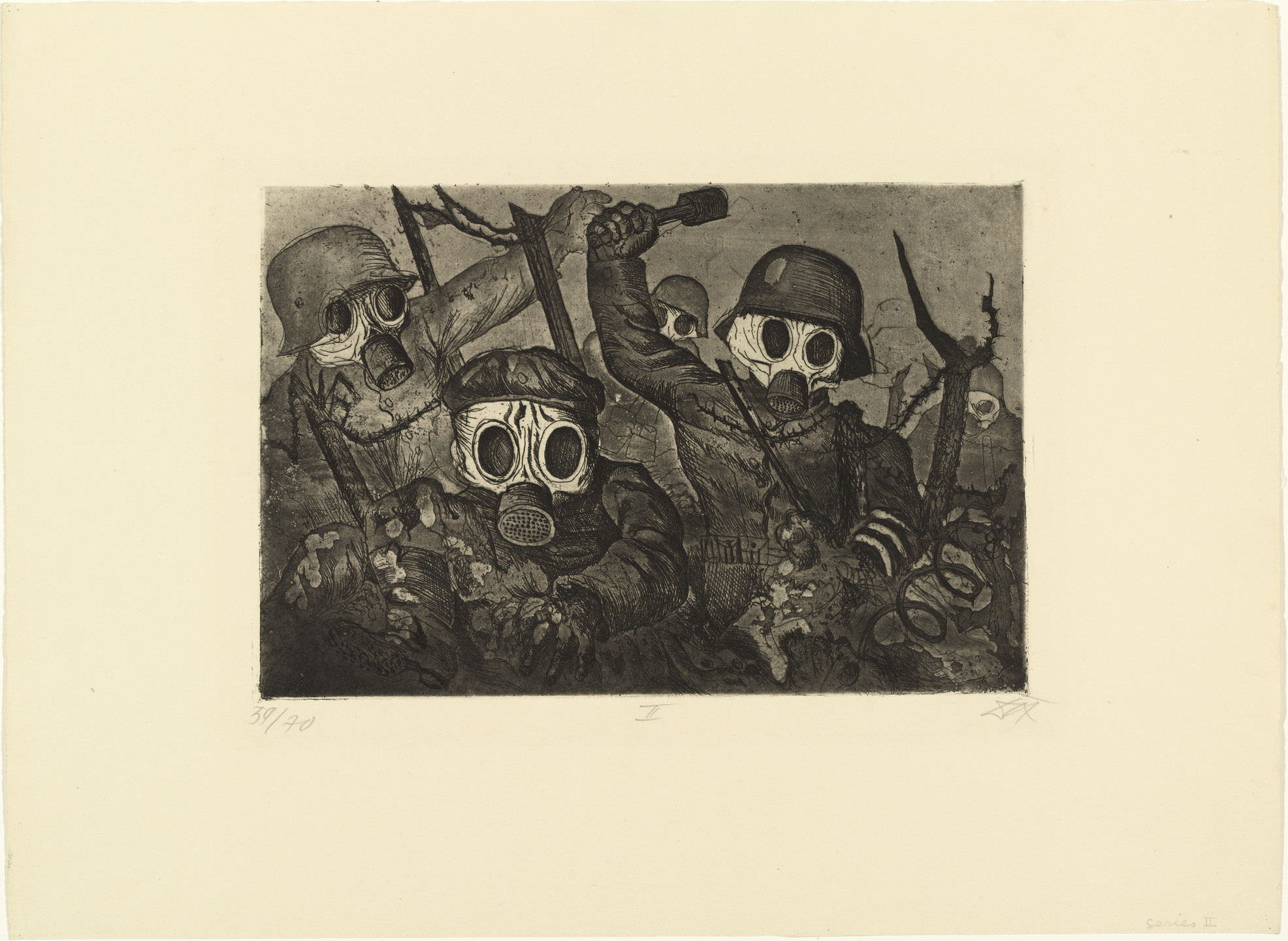 The image depicts four figures wearing gas masks and helmets, appearing to move through debris or a battlefield. The predominant colors are sepia tones, with dark shadows adding depth to the scene. This is an AI generated description. To give feedback, email ai@moma.org.