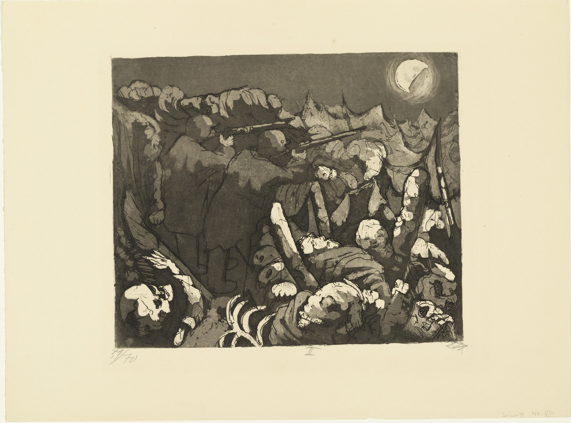 Otto Dix, Karl Nierendorf. The Outposts in the Trenches Must Maintain the Bombardment at Night (Die Sappenposten haben nachts das Feuer zu unterhalten) from The War (Der Krieg). (1924)