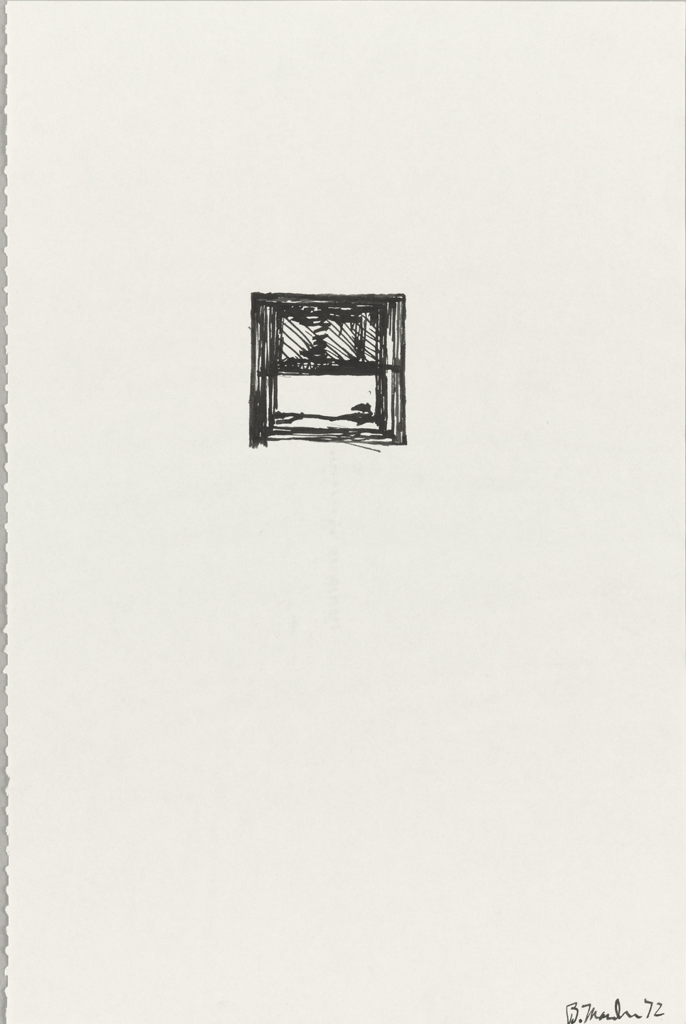 A small, black ink drawing of a window with crosshatching above and a horizontal line below is centered on a white background. The artist&#39;s signature is in the bottom right corner. This is an AI generated description. To give feedback, email ai@moma.org.