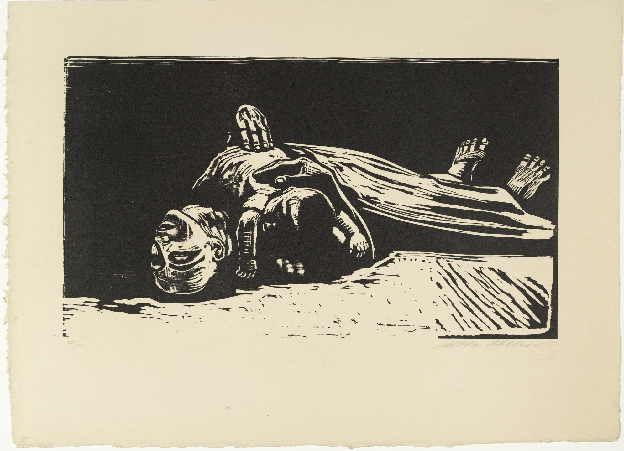 A black and white image shows a figure lying on their back with a draped cloth over the lower body. The figure's face and hands, including one resting on their chest, are prominently visible. This is an AI generated description. To give feedback, email ai@moma.org.
