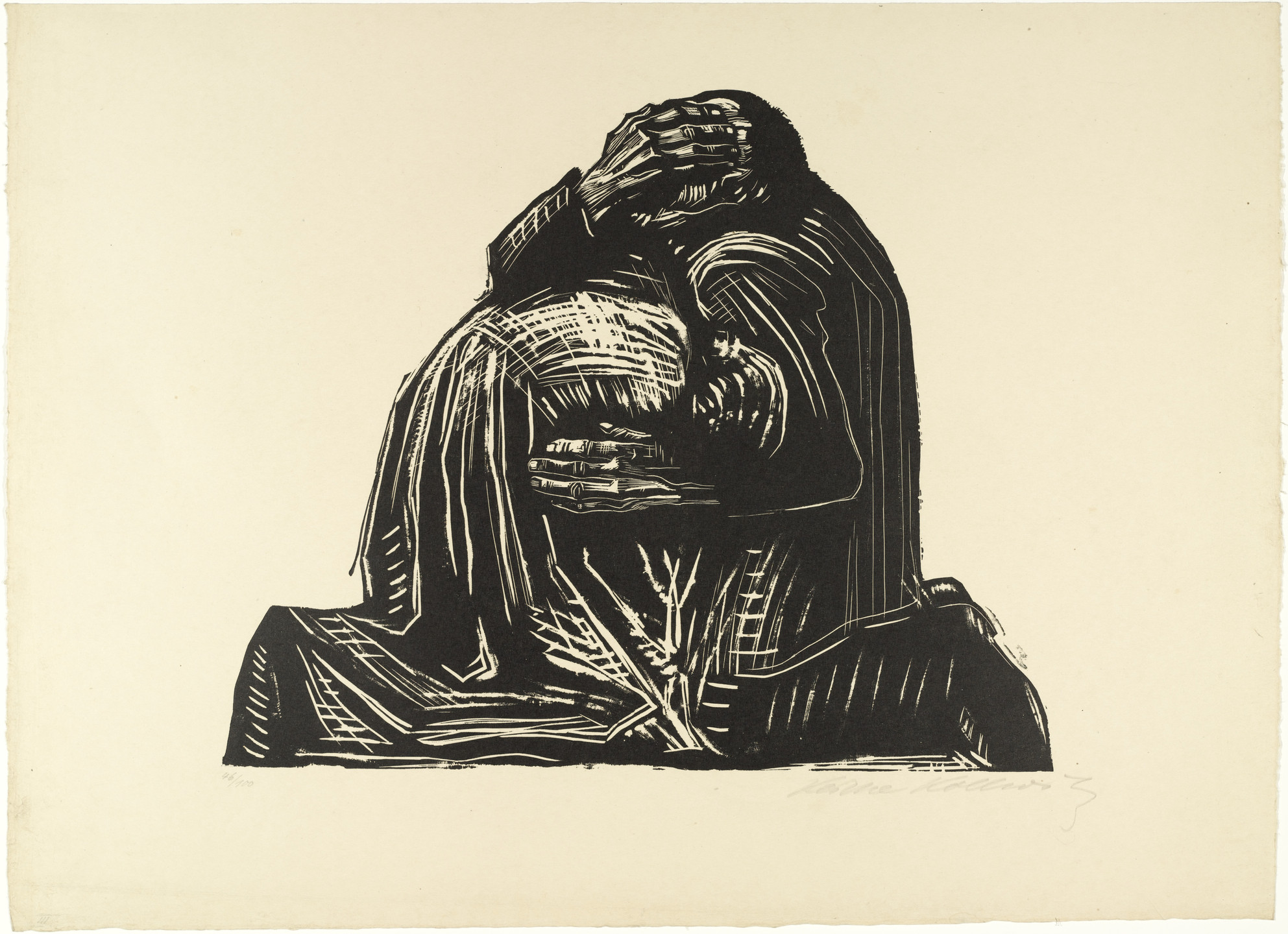 A black figure sits with knees bent, hunched over with their head resting on their hands, against a beige background. The figure's detailed, textured lines depict folds in clothing and emphasize a sense of form. This is an AI generated description. To give feedback, email ai@moma.org.