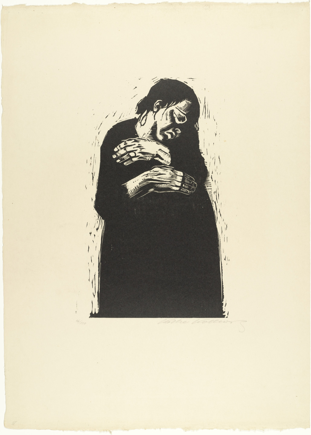A person stands with bowed head and crossed arms, depicted in predominantly black and white. The background is plain white, which contrasts sharply with the dark figure. This is an AI generated description. To give feedback, email ai@moma.org.