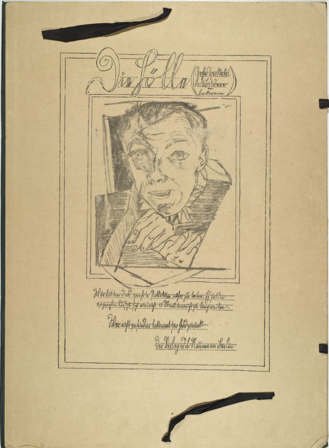 A pencil drawing featuring a person with short hair holding their face with one hand, and text in cursive writing at the top and bottom. The background and text are on beige paper. This is an AI generated description. To give feedback, email ai@moma.org.