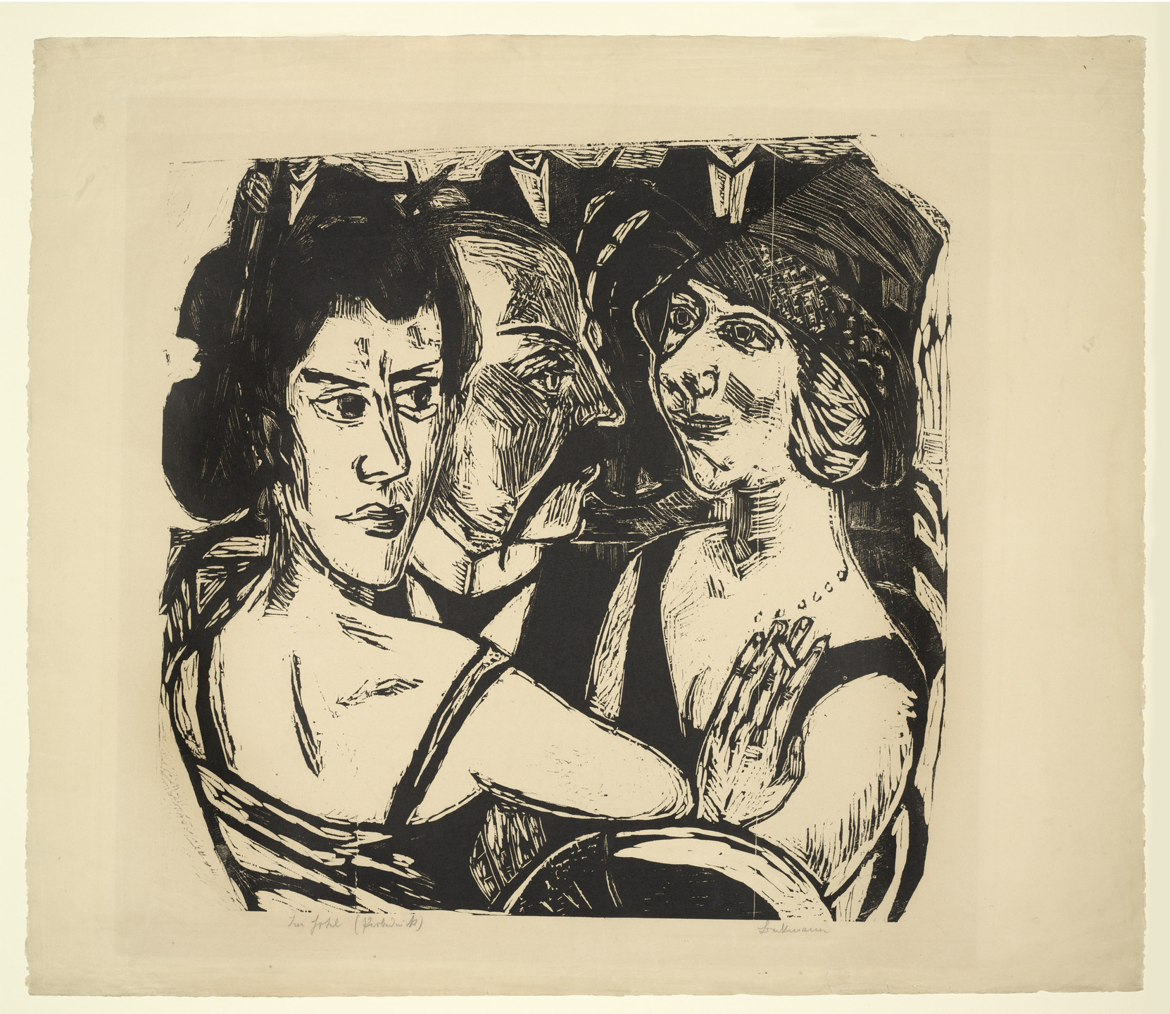 The image shows a black-and-white drawing of three people with distinct facial features and expressions. The central focus includes one face facing forward, a second face in profile, and a third with a hat. This is an AI generated description. To give feedback, email ai@moma.org.