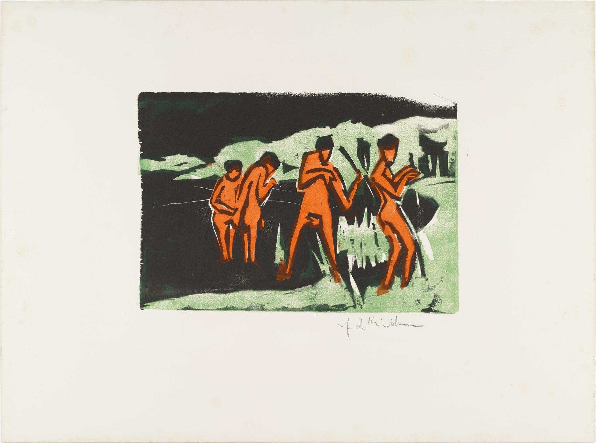 Ernst Ludwig Kirchner. Bathers Throwing Reeds (Mit Schilf werfende Badende) from Brücke 1910. 1909, published 1910