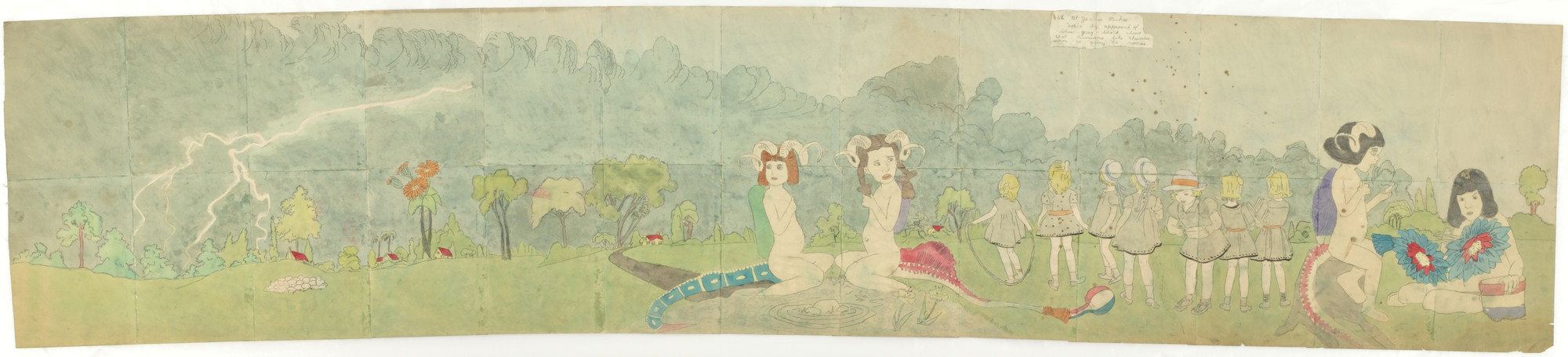 Henry Darger. 116. At Jennie Richee. Notice by approach of blue gray black cloud that hurricane like thunder storm is going to renew., 117. At Jennie Richee. To avoid being out in the open when storm renews, they take chance going through farm possessed by Glandelin. c. 1960s