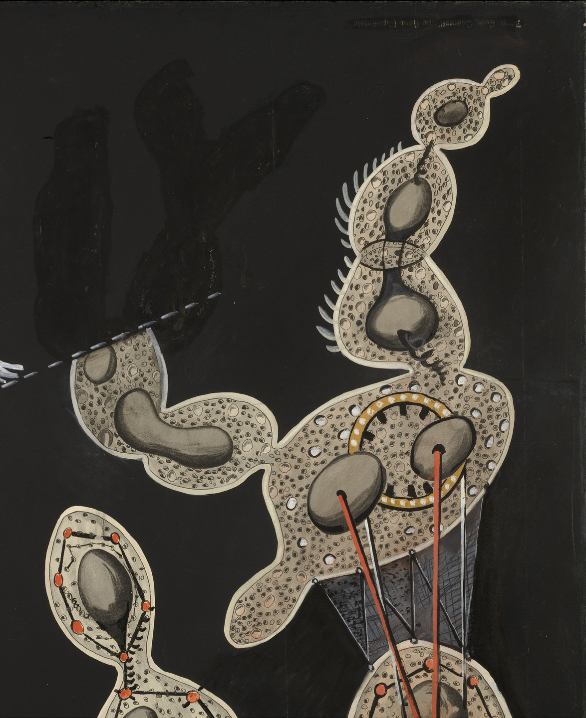 Max Ernst. The Gramineous Bicycle Garnished with Bells the Dappled Fire Damps and the Echinoderms Bending the Spine to Look for Caresses (La Biciclette graminée garnie de grelots les grisous grivelés et les échinodermes courbants l'échine pour quêter des caresses). 1921