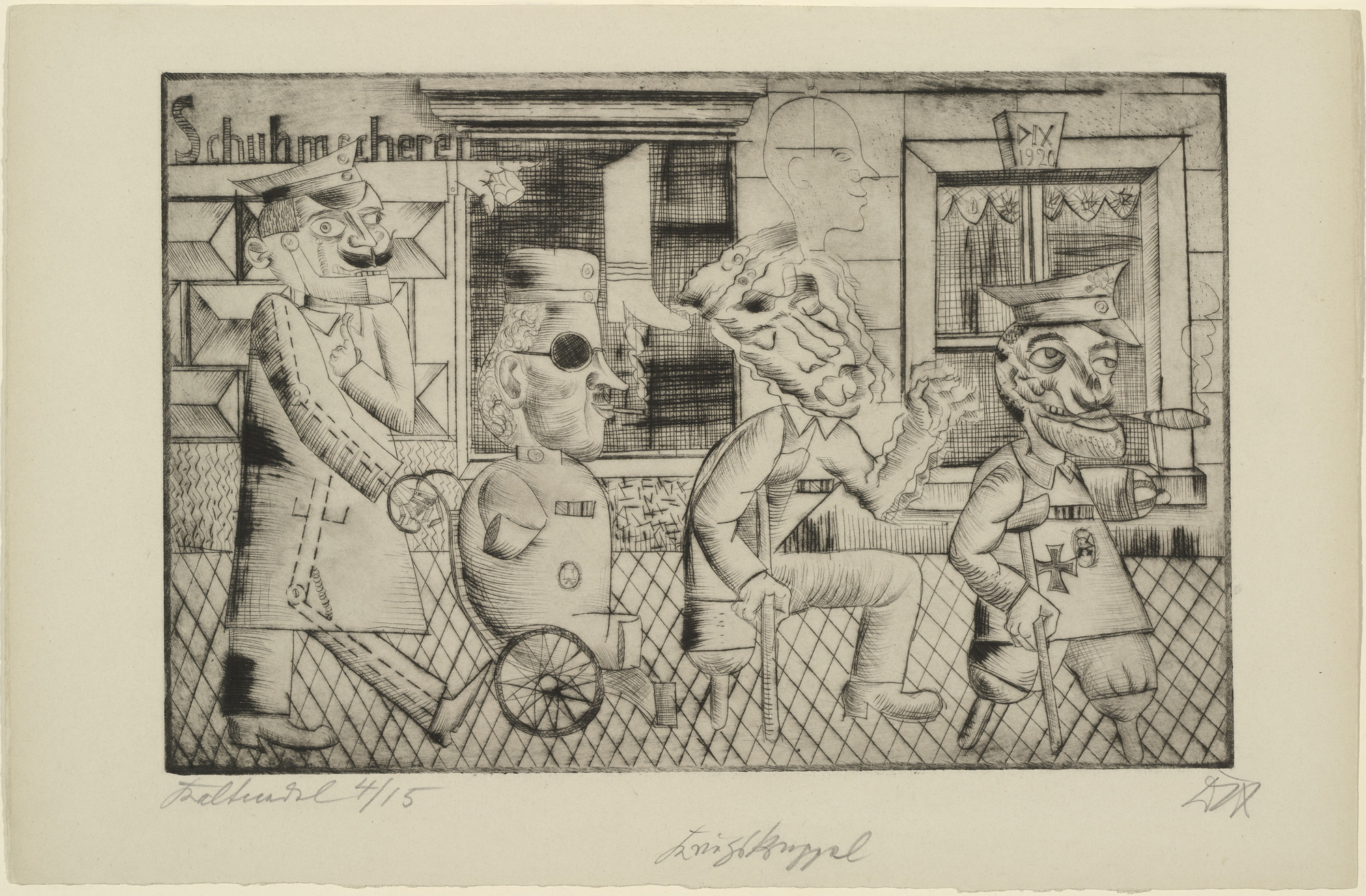 The black and white illustration depicts four figures with exaggerated facial features walking in front of a building labeled "Schulmecherei." One figure is on crutches, another in a wheelchair, and the background includes windows and a door. This is an AI generated description. To give feedback, email ai@moma.org.