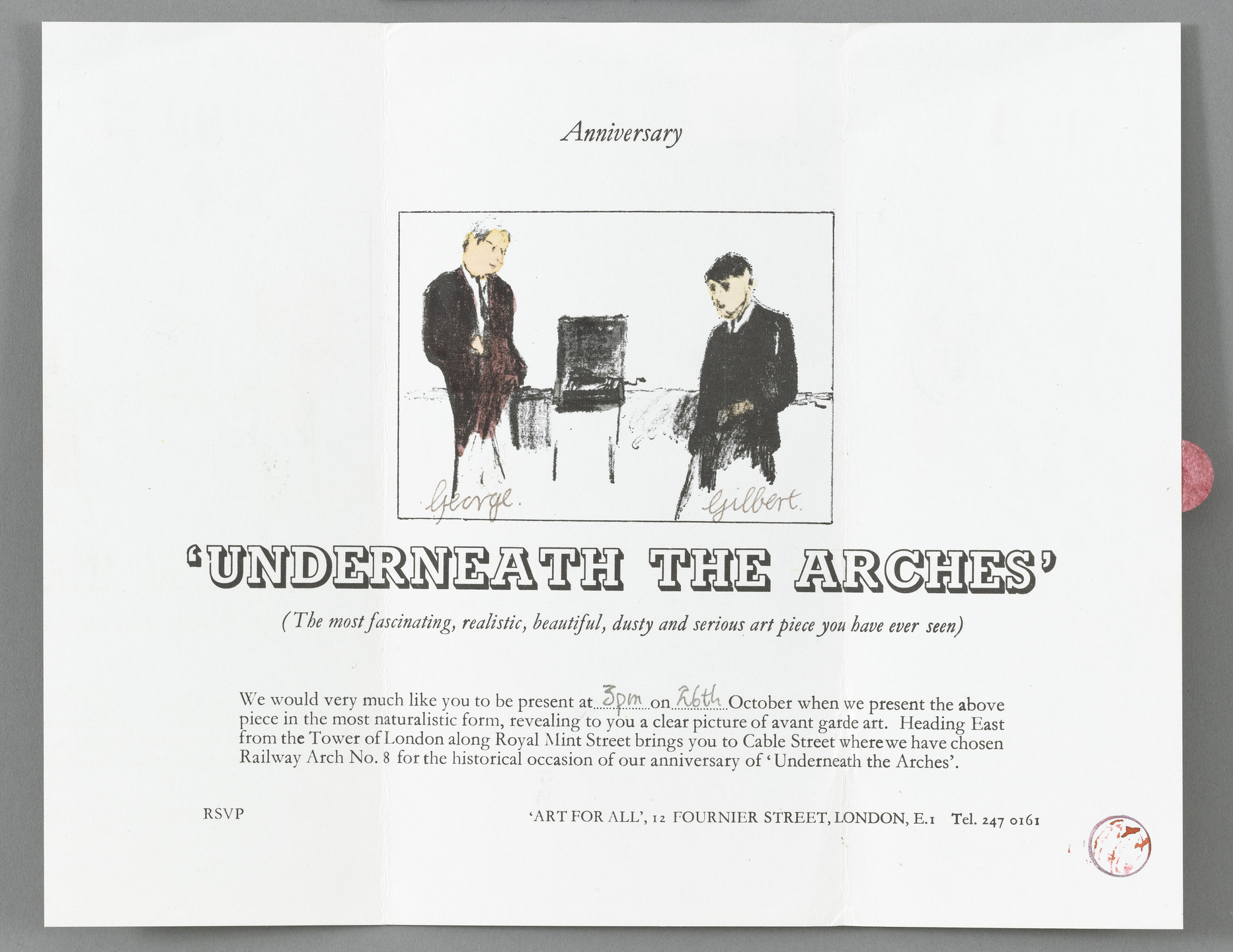 Gilbert &amp; George, Gilbert Proesch, George Passmore. Invitation for anniversary of Underneath the Arches. 1969