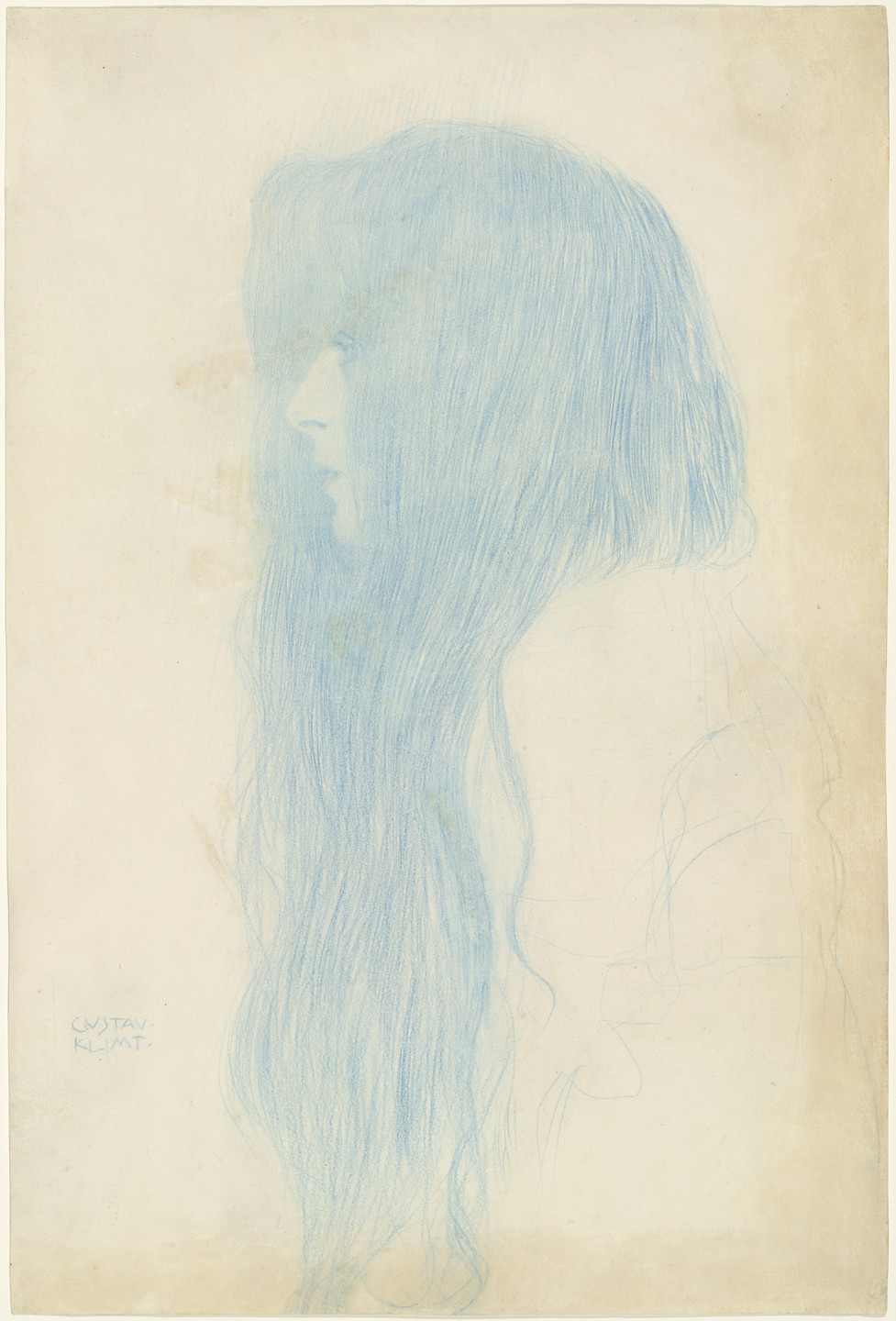 A blue pencil drawing depicts the profile of a person with long, flowing hair on a beige background. The hair covers part of the face, showing only a partial outline of their features. This is an AI generated description. To give feedback, email ai@moma.org.