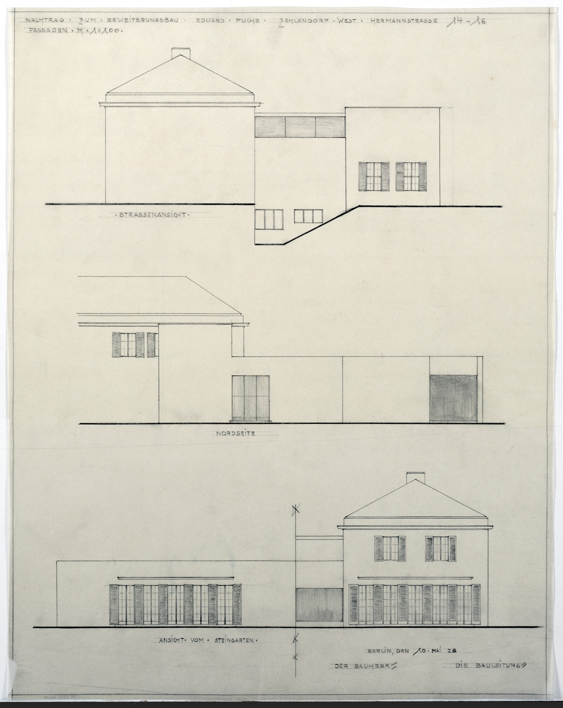Ludwig Mies van der Rohe. Fuchs Addition to Perls House, Berlin-Zehlendorf, Germany, Three elevations. 1928