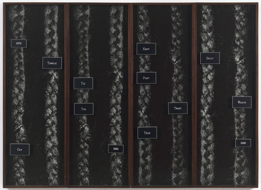 The image consists of four vertical panels with dark backgrounds, each displaying white braided textures in the center. Each panel features small black plaques with white text labeling action words like "Tangle," "Tie," "Knot," "Split," and years "1978" and "1988." This is an AI generated description. To give feedback, email ai@moma.org.