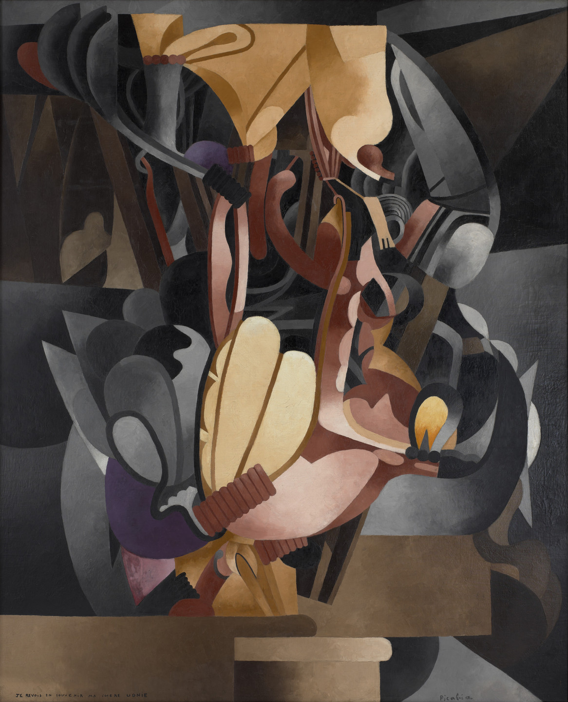 The image depicts various intersecting, layered shapes in hues of beige, brown, black, purple, and gray. The composition includes curved and straight elements, creating a complex, overlapping arrangement. This is an AI generated description. To give feedback, email ai@moma.org.