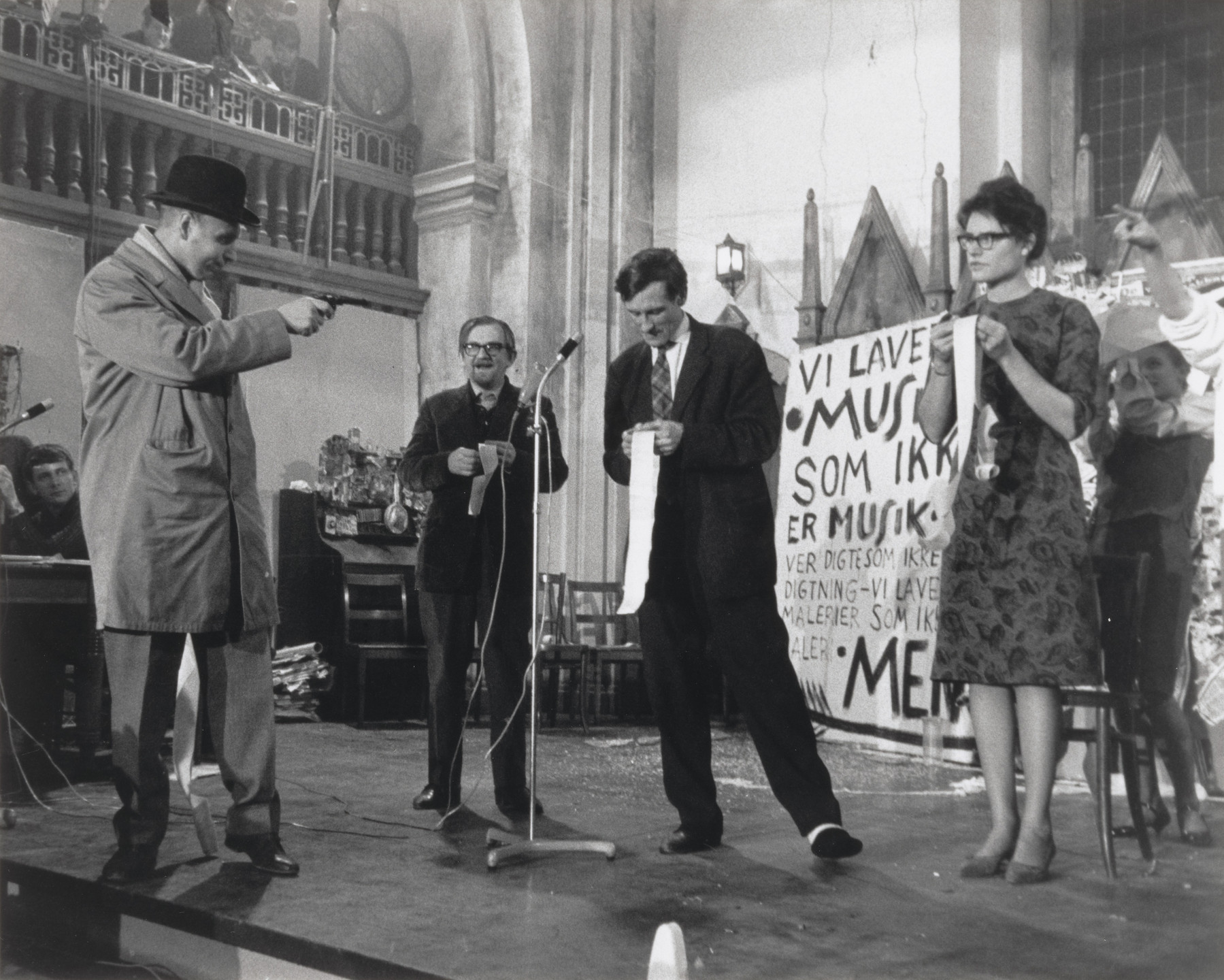 George Maciunas, Albert Mertz, Arthur Köpcke, Alison Knowles. George Maciunas&#39; In Memoriam to Adriano Olivetti, Version 1 Poem, performed during Fluxus/Musik og Anti-Musik det Instrumentale Teater, Nikolai Kirke, Copenhagen, November 23, 1962. 1962