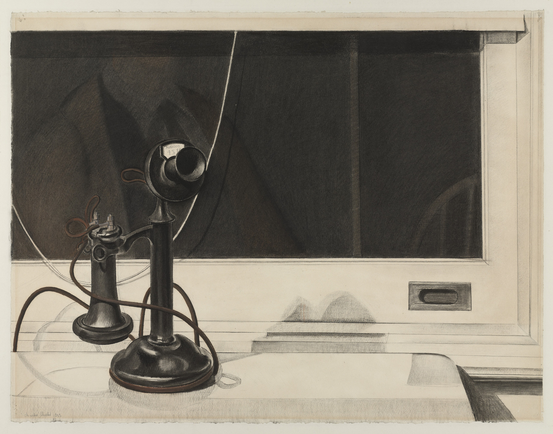 This drawing shows an old-fashioned black telephone with two parts connected by a brown cord on a table. The background is predominantly dark brown and black, while the table and window frame are off white. This is an AI generated description. To give feedback, email ai@moma.org.