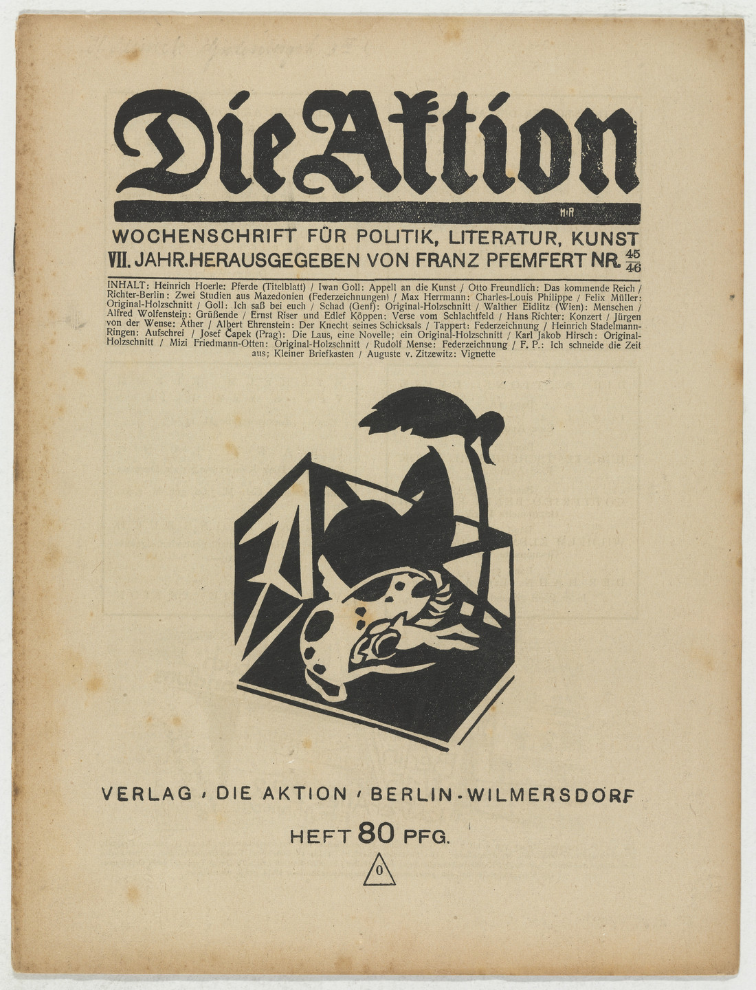 Heinrich Hoerle, Conrad Felixmüller, Christian Schad, Karl Jacob Hirsch, Marie Rosalie (Mitzi) Friedmann-Otten, Josef Capek, Augusta von Zitzewitz. Die Aktion, vol. 7, no. 45/46. November 17, 1917