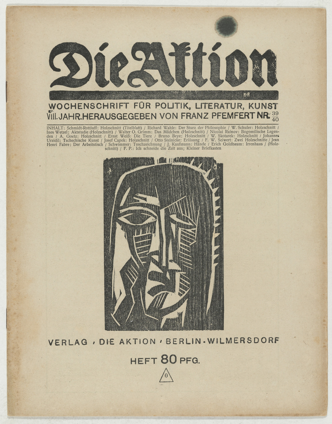 Karl Schmidt-Rottluff, Wilhelm Schuler, Ines Wetzel, Walter O. Grimm, Arthur Goetz, Bruno Beye, Wladislav Skotarek, Josef Capek, Franz Wilhelm Seiwert, Julius Kaufmann, Erich Goldbaum. Die Aktion, vol. 8, no. 39/40. October 5, 1918