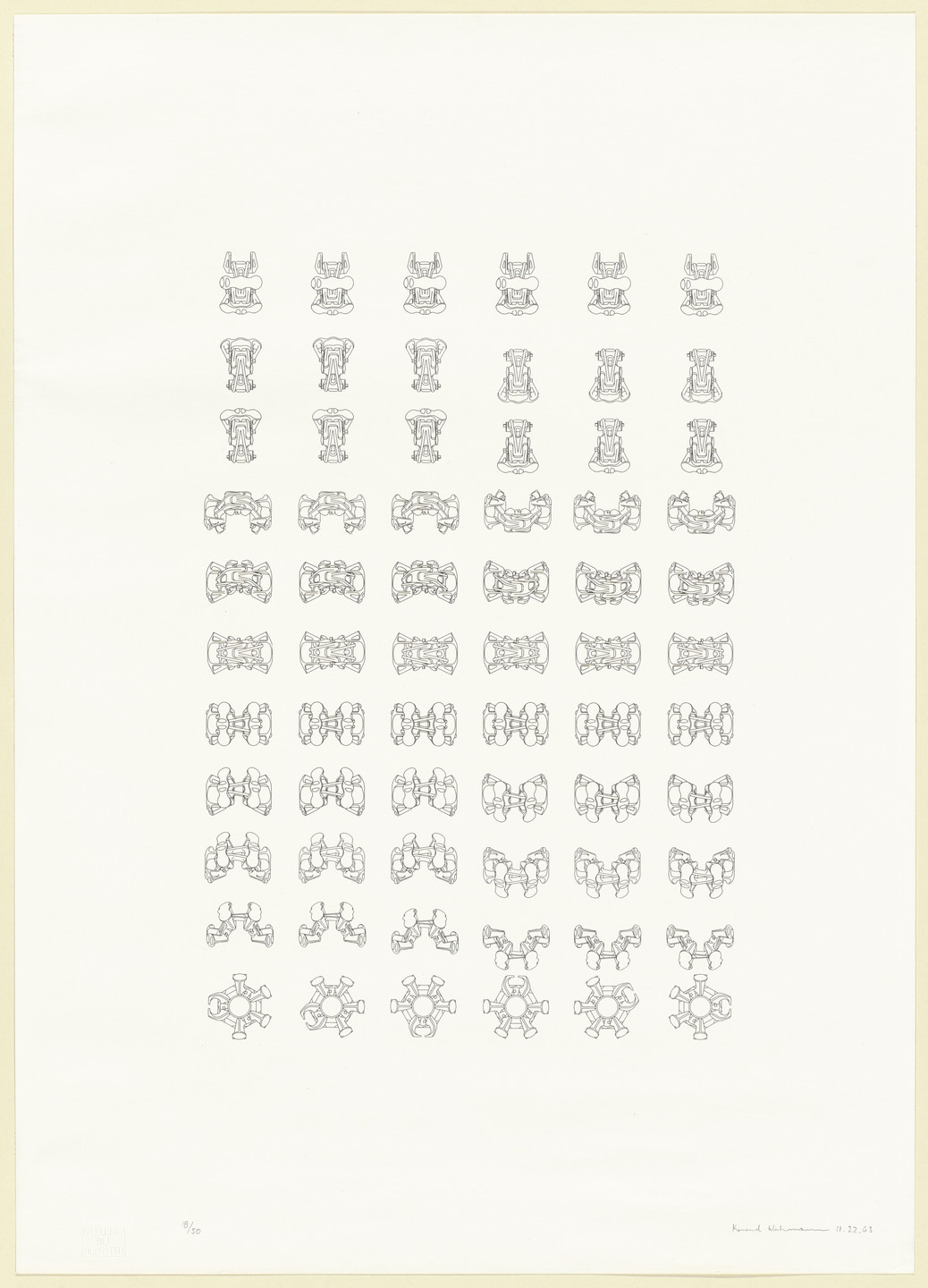 The image shows a white background with seven rows of identical, intricate gray symbols arranged in columns. Each row has the same symbol repeated, and each row&#39;s symbol differs slightly from the others. This is an AI generated description. To give feedback, email ai@moma.org.
