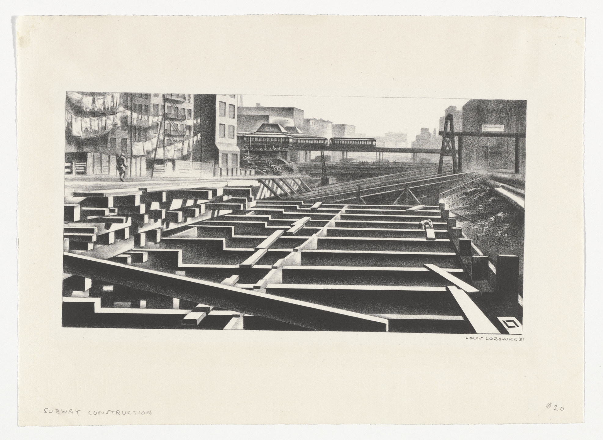 The image shows a black and white depiction of subway construction with steel beams in the foreground. In the background, there are buildings, train tracks, and an elevated train platform. This is an AI generated description. To give feedback, email ai@moma.org.