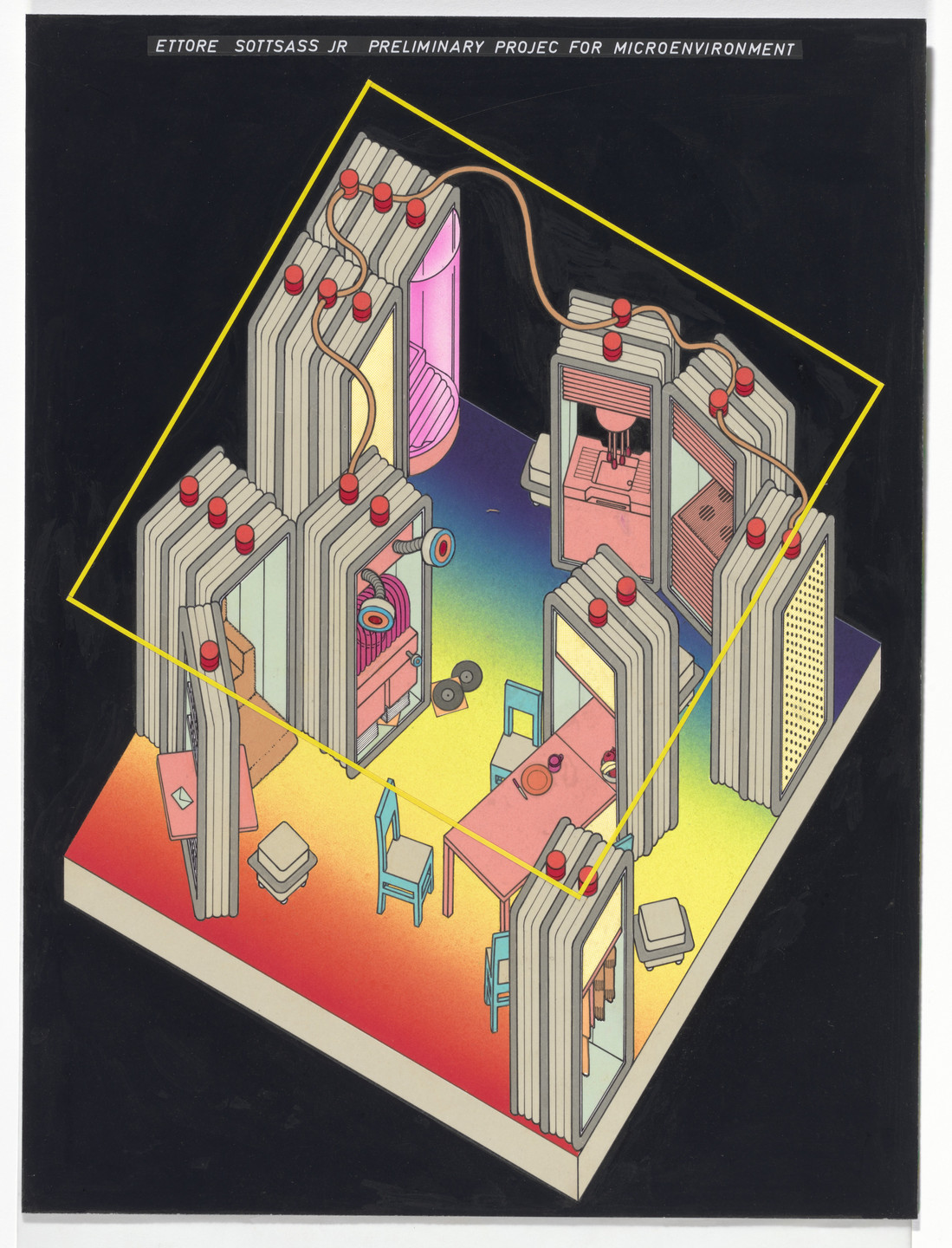 A colorful isometric illustration depicts a room with various furniture items, including tables, chairs, and shelving units. The predominant colors are yellow, red, and blue, with dark background. This is an AI generated description. To give feedback, email ai@moma.org.
