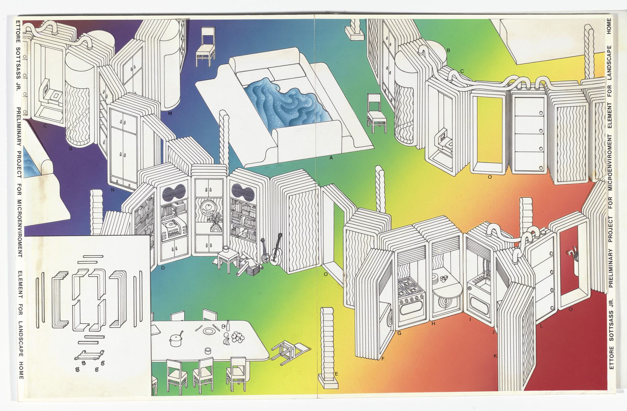 A colorful floor plan design features various household items such as a table with chairs, bookshelves, a bed, an oven, and storage units. The background transitions from purple to green and yellow. This is an AI generated description. To give feedback, email ai@moma.org.