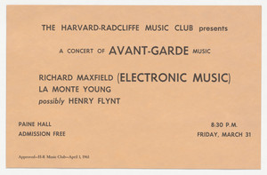 Flyer for A Concert of Avant-Garde Music, The Harvard-Radcliffe Music Club, March 31, 1961