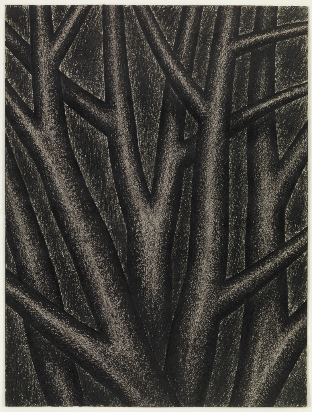 The image shows interwoven, dark brown tree trunks and branches overlapping extensively against a textured, dark background. The predominant color is dark brown, creating a dense, layered visual effect. This is an AI generated description. To give feedback, email ai@moma.org.