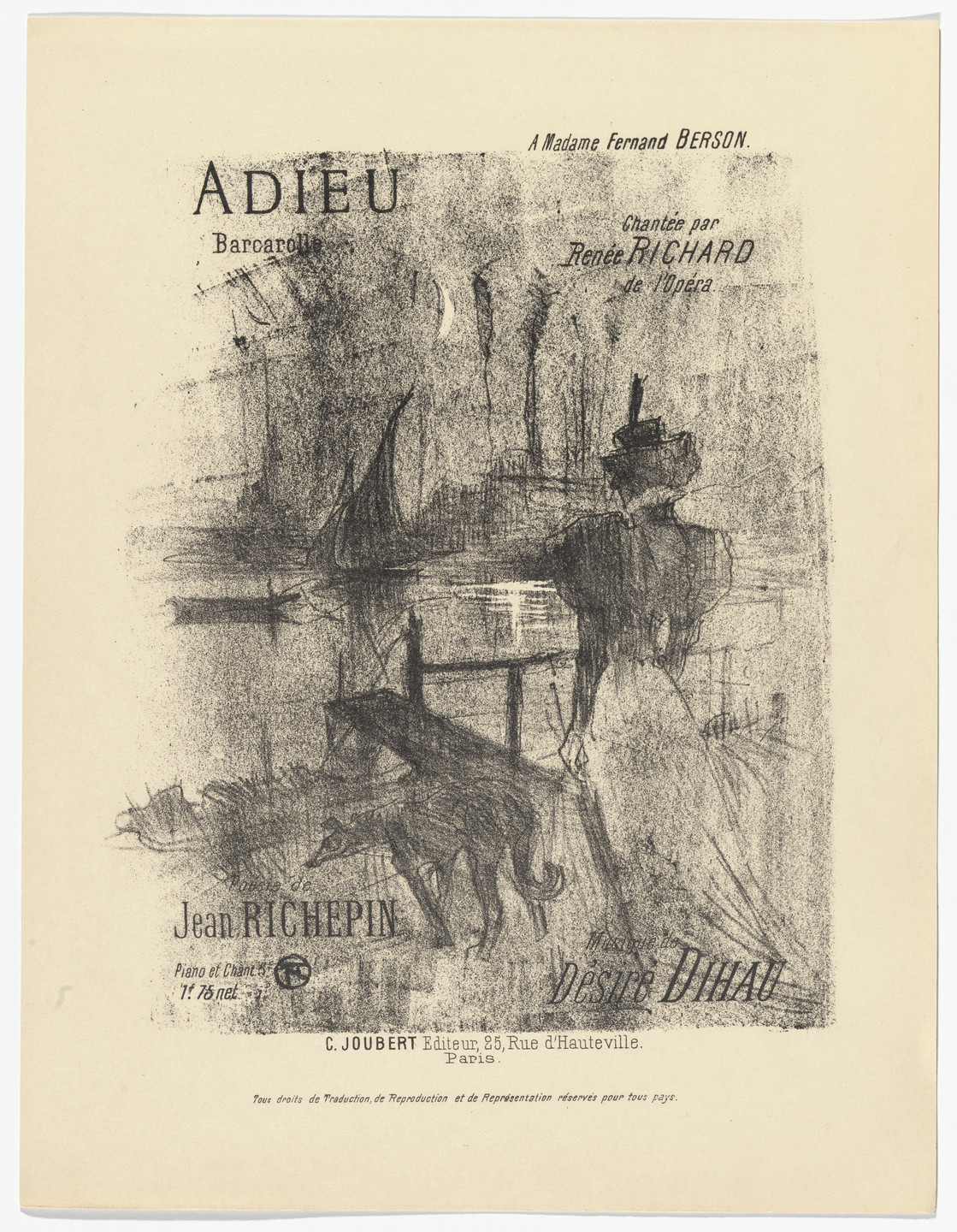 Henri de Toulouse-Lautrec. Adieu from Quatorze lithographies originales (Mélodies de Désiré Dihau). 1895, published 1935