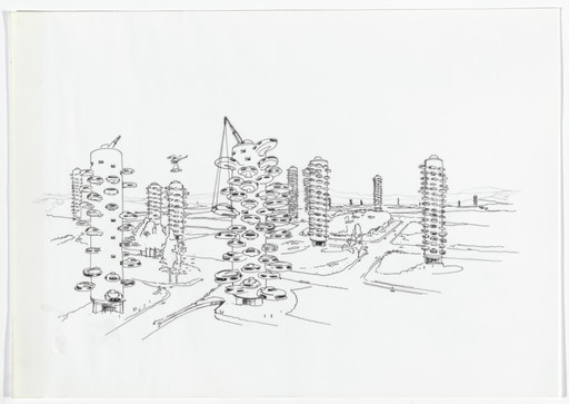 Daniel Grataloup. Urban Proposal with Multi Thin-Shell Capsules, project (Aerial perspective). 1970