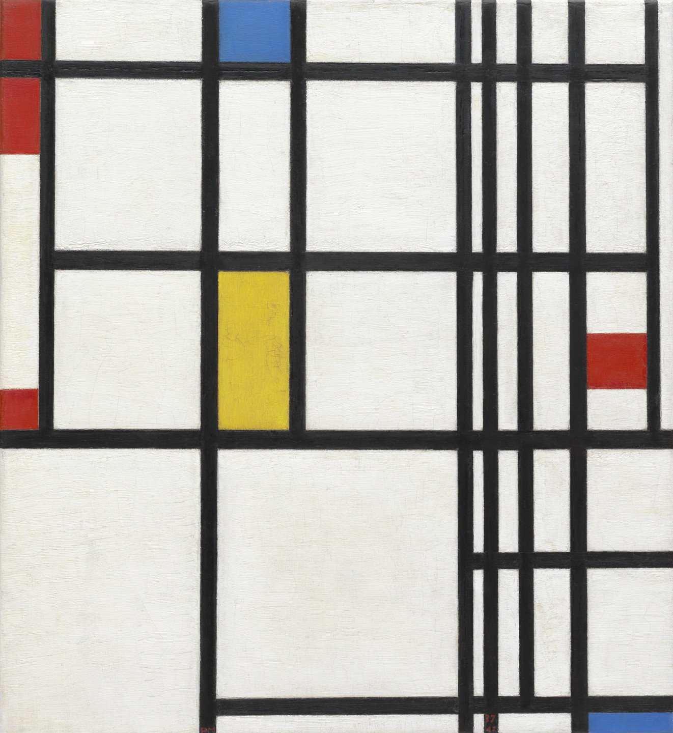 A grid of black lines intersects at right angles, forming rectangles of various sizes. Some rectangles are filled with white, red, yellow, and blue colors. This is an AI generated description. To give feedback, email ai@moma.org.