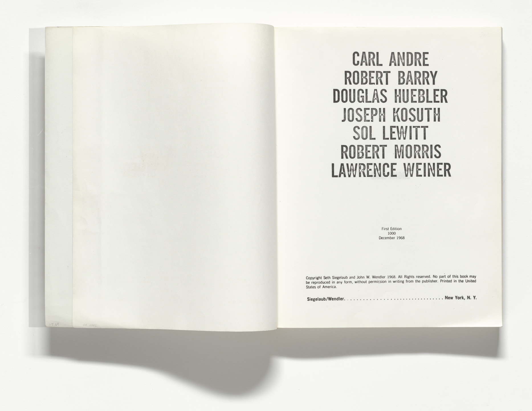 Lawrence Weiner, Robert Morris, Joseph Kosuth, Douglas Huebler, Robert Barry, Sol LeWitt, Carl Andre, Various Artists. Untitled (Xerox Book). 1968