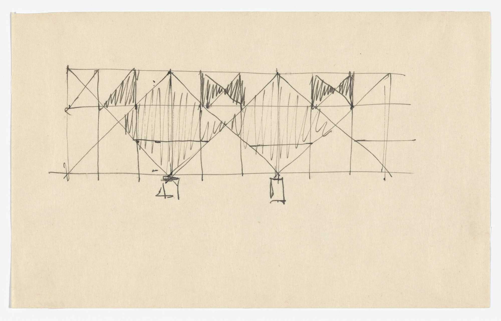 The image shows a grid of diagonal and vertical lines forming triangular and diamond shapes, roughly drawn in black ink on a beige background. Some triangles are shaded, and two sketchy rectangles are at the bottom. This is an AI generated description. To give feedback, email ai@moma.org.