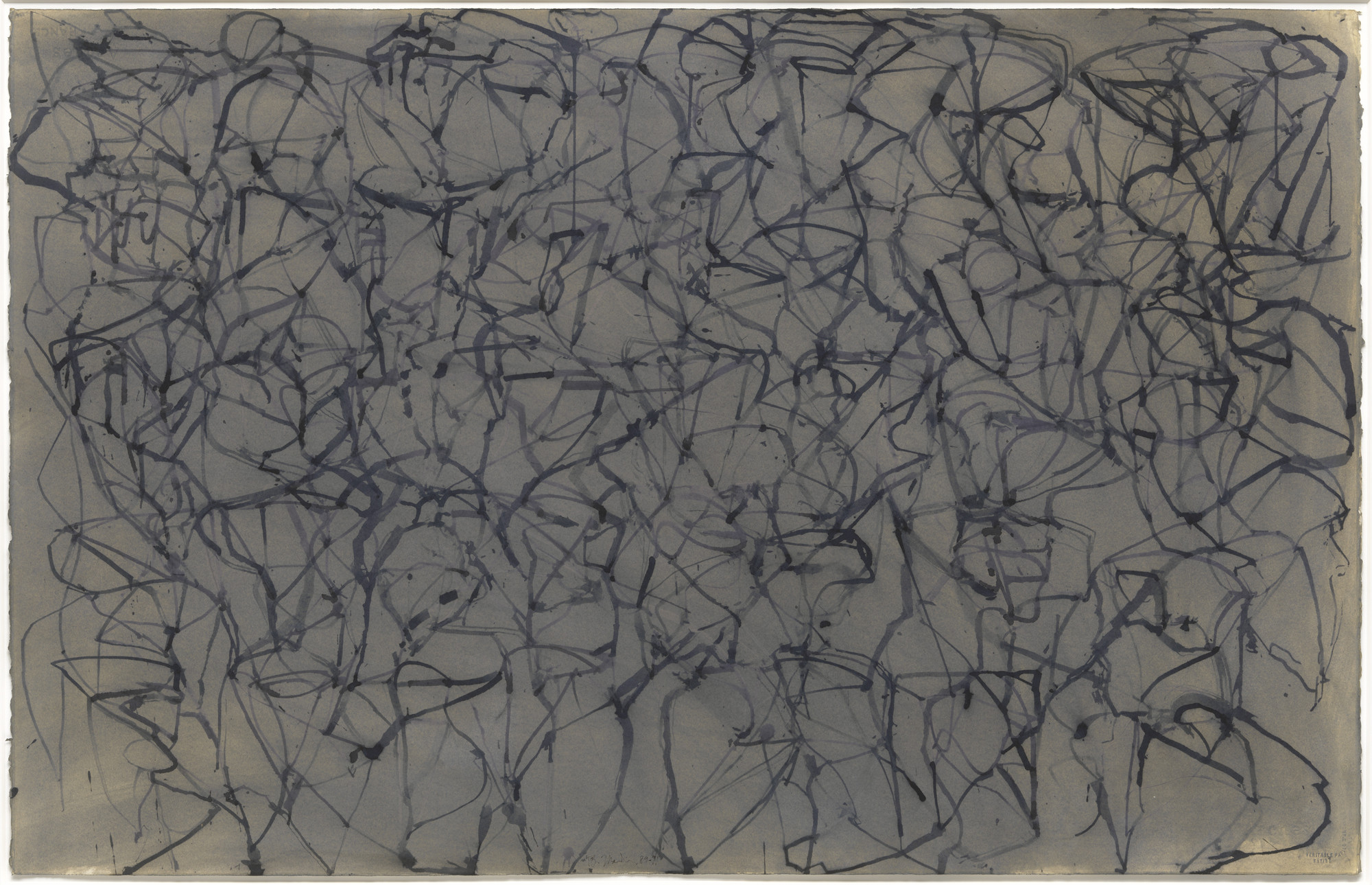The image features a canvas filled with dark, blue-black lines and shapes creating a chaotic, interconnected pattern on a gray background. There is no specific identifiable object or subject matter. This is an AI generated description. To give feedback, email ai@moma.org.