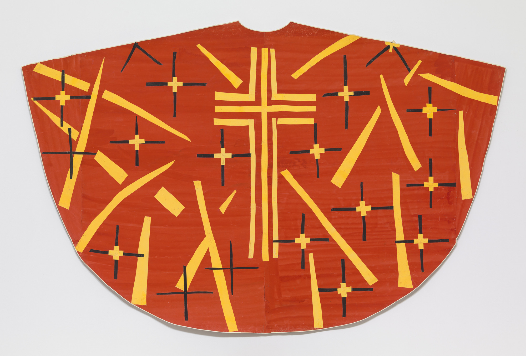 The image features a red semicircular shape with a pattern of black crosses and yellow lines of various lengths intersecting each other. A larger central cross made of yellow lines dominates the design. This is an AI generated description. To give feedback, email ai@moma.org.
