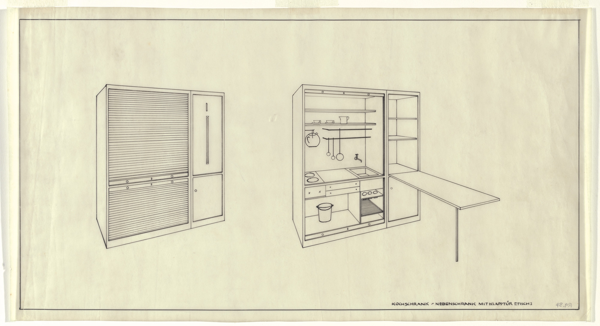 Lilly Reich. Single-Person Apartment in The Dwelling of Our Time, German Building Exhibition, Berlin, Germany (Two perspectives, cooking cupboard with side cabinet). 1931
