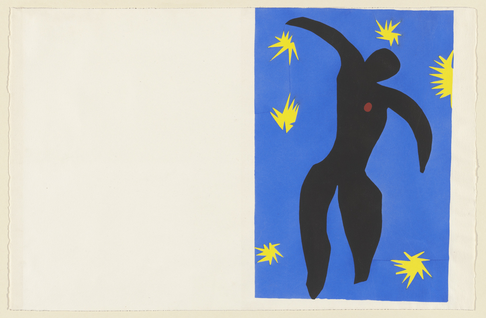 A black silhouette of a person is set against a blue background with scattered yellow starburst shapes. There is a small red dot on the person&#39;s chest and a large white empty space on the left. This is an AI generated description. To give feedback, email ai@moma.org.