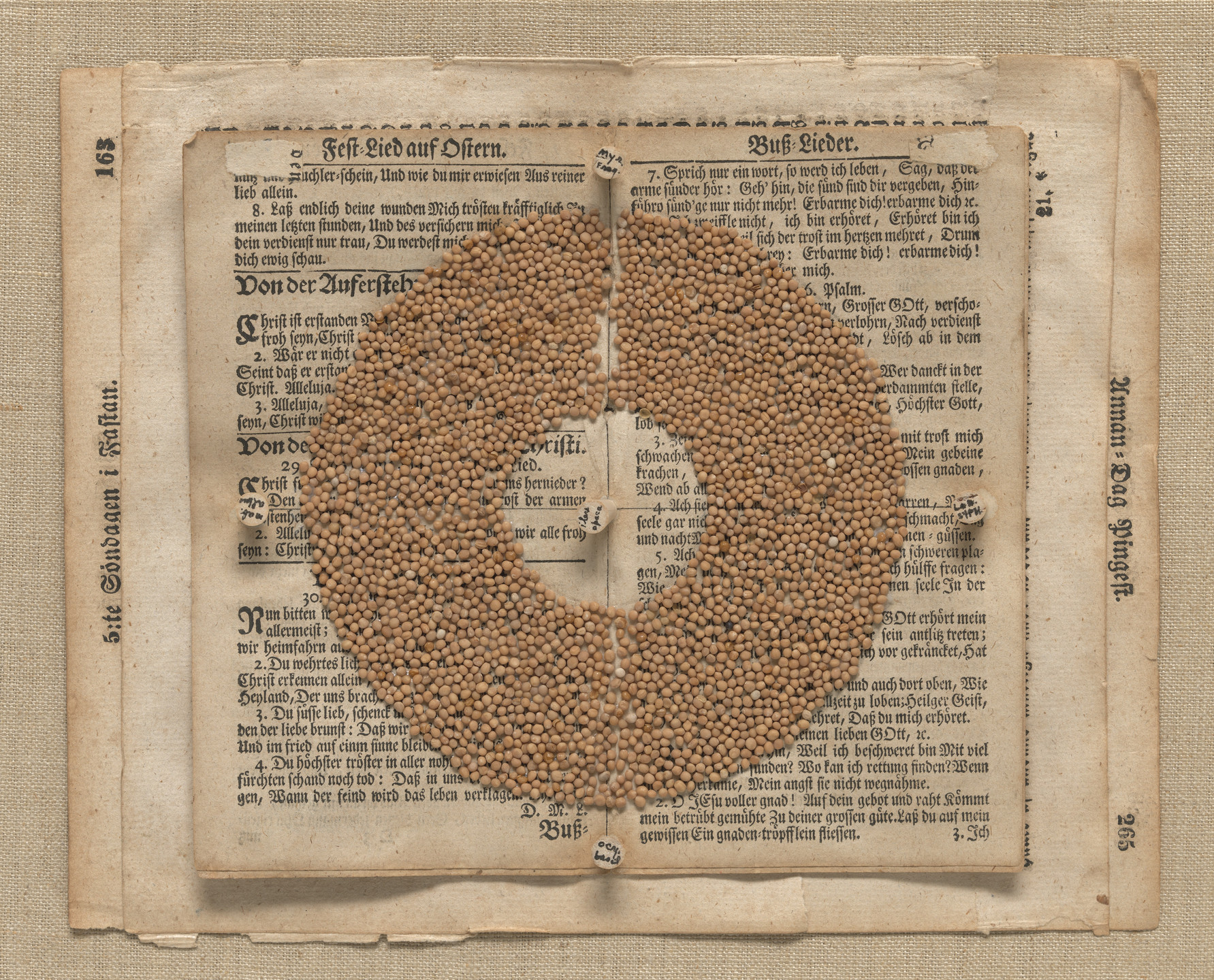 An old, open book with text in a foreign language displays brown seeds arranged in a circular pattern covering most of the pages. The background fabric is a beige cloth. This is an AI generated description. To give feedback, email ai@moma.org.