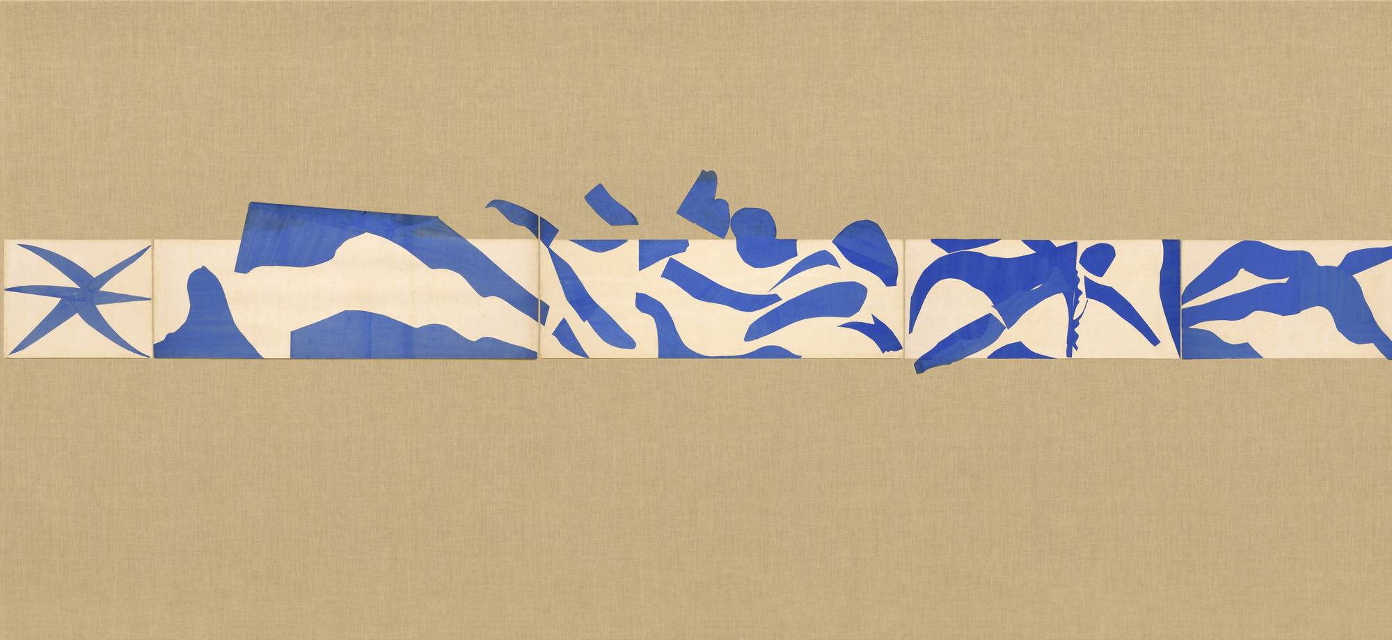 A horizontal recangular composition features a beige linen background. Across the middle is a lighter horizontal strip with blue cut-out shapes on white. The shapes vary, including star-like forms and irregular figures suggesting swimmers and moving water. This is an AI generated description. To give feedback, email ai@moma.org.