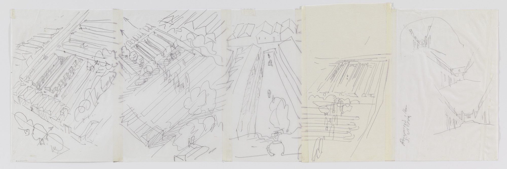 Five sketches depict buildings with triangular roofs, surrounded by trees. The drawings use thin, black lines on off-white paper. This is an AI generated description. To give feedback, email ai@moma.org.