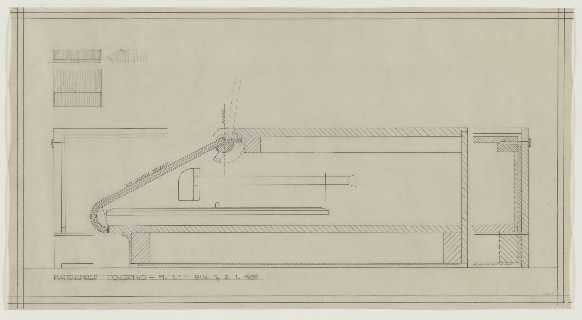 Lilly Reich. Design for Telefunken Record Player, Concertino record-player. Elevations, plan, and section. 1939