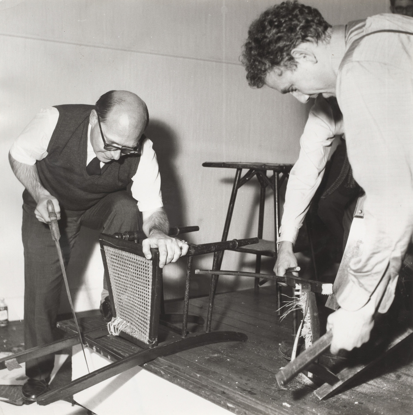 Daniel Spoerri, Daniel Spoerri, Emmett Williams. Daniel Spoerri&#39;s Composition for Chairs and Tables, performed by Daniel Spoerri and Emmett Williams during Festival of Misfits, Institute of Contemporary Arts, London, October 24, 1962. 1962