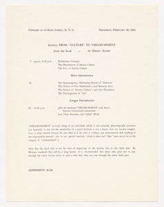Announcement for From `Culture` to Veramusement, 49 Bond Street, New York, February 28, 1963