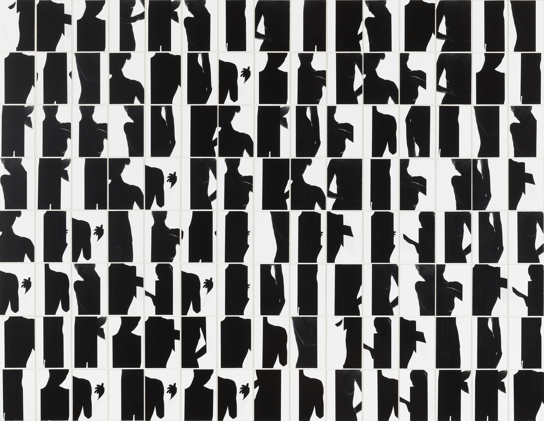 The image consists of numerous black silhouette-like figures arranged against a white background in a grid pattern. The figures vary in shape and appear to be in segments. This is an AI generated description. To give feedback, email ai@moma.org.